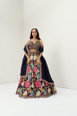 Midnight Blue Embroidered Silk Bridesmaid Lehenga Set