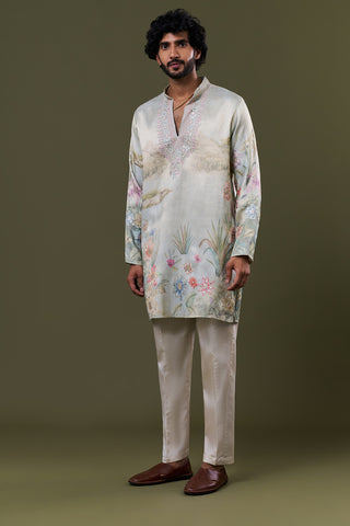 Multi Brocade Georgette Floral Landscape Printed Kurta Set