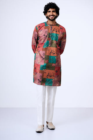 Multi Polyester Cotton Botanical Patchwork Printed Kurta Set