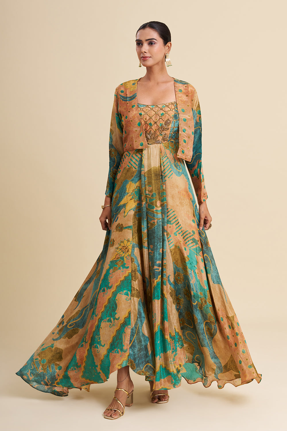 Multi-Tonal Crepe Shimmer Anarkali Set with Embroidered Work