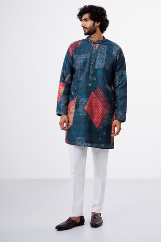 Multicolour Polyester Satin Men's Kurta Set with Digital Print