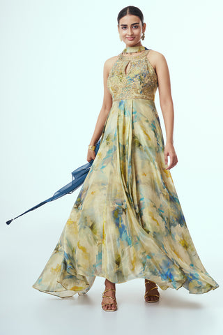 Multicoloured Shimmer Indo Western with Mirror Work