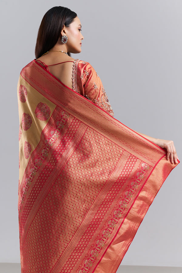 Mustard Red Banarasi Tissue Silk Printed Saree