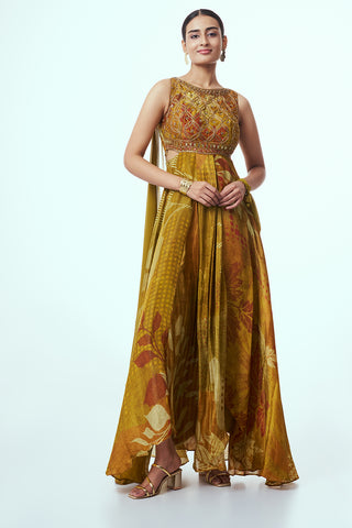 Mustard Shimmer Indo Western with Zardozi Work
