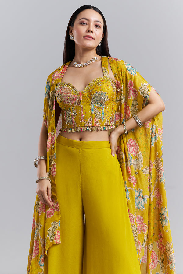 Mustard Yellow Embellished Bralette Palazzo Set with Floral Printed Cape