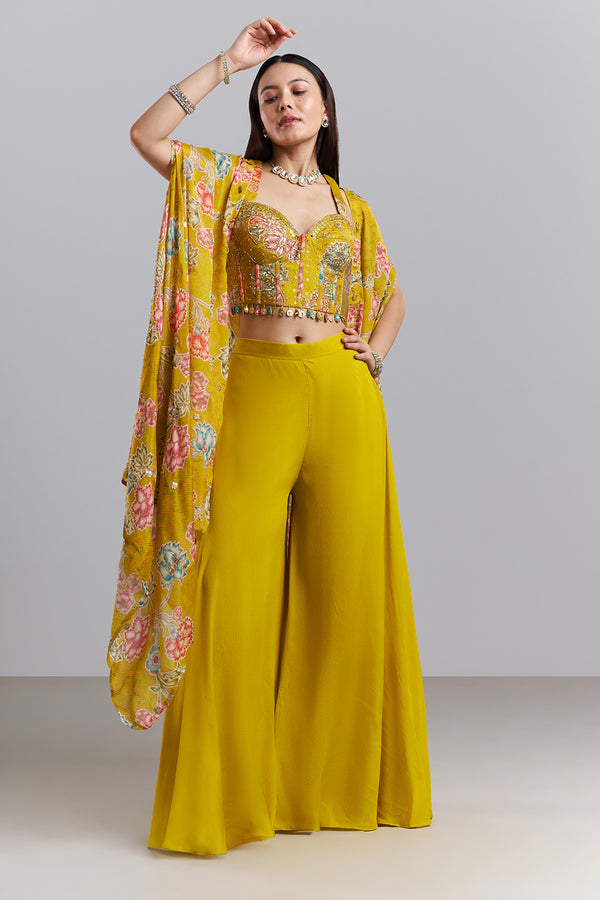 Mustard Yellow Embellished Bralette Palazzo Set with Floral Printed Cape