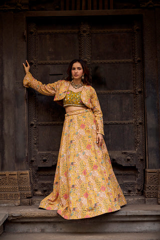 Mustard Yellow Embellished Organza Festive Lehenga Set