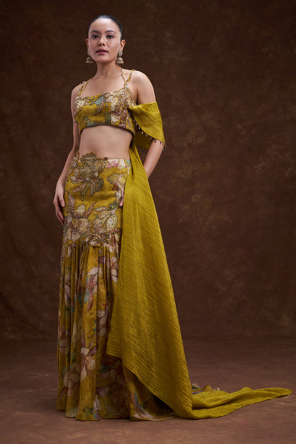 Mustard Yellow Floral Embellished Lehenga Set