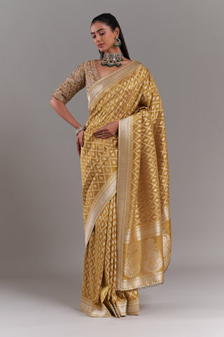 Mustard Yellow Shimmer Tissue Saree with Banarasi Print