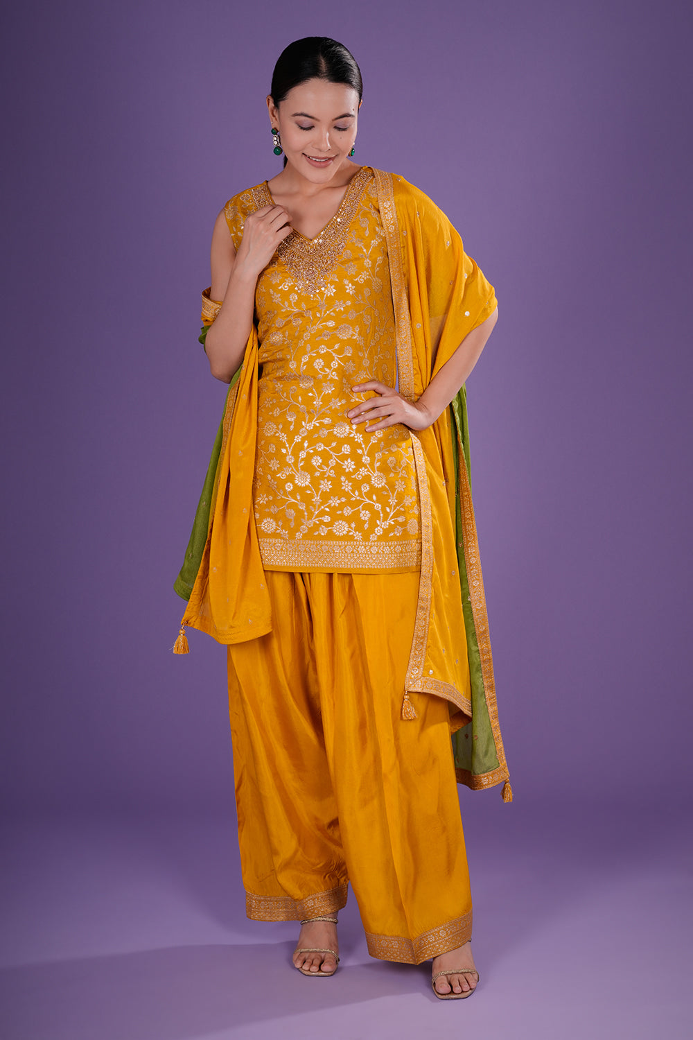 Mustard Yellow Shimmer Zari Brocade Short Kurta Set with Zari Bead Embroidery