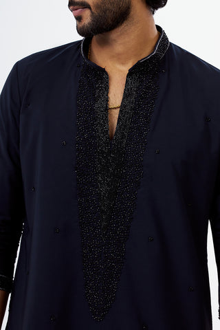 Navy Blue Beads & Zari Work Polyester Cotton Men's Kurta Set