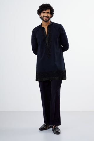 Navy Blue Beads & Zari Work Polyester Cotton Men's Kurta Set