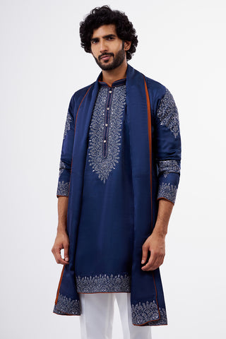 Navy Blue Botanical Embellished Nokia Silk Men's Kurta Set