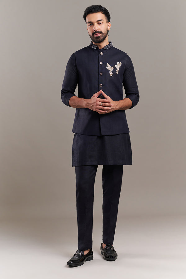 Navy Blue Cotton Jute Bird Accent Men's Kurta with Jacket