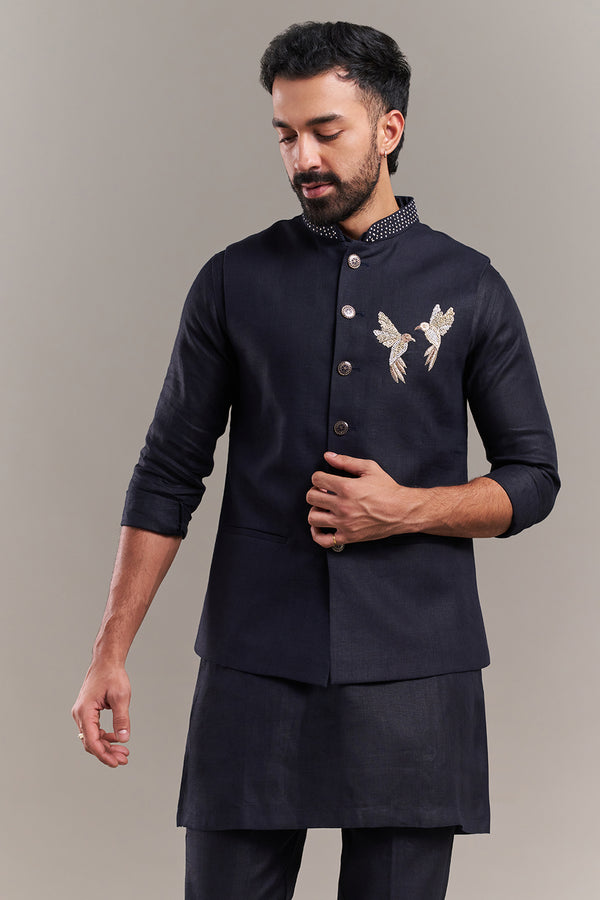 Navy Blue Cotton Jute Bird Accent Men's Kurta with Jacket