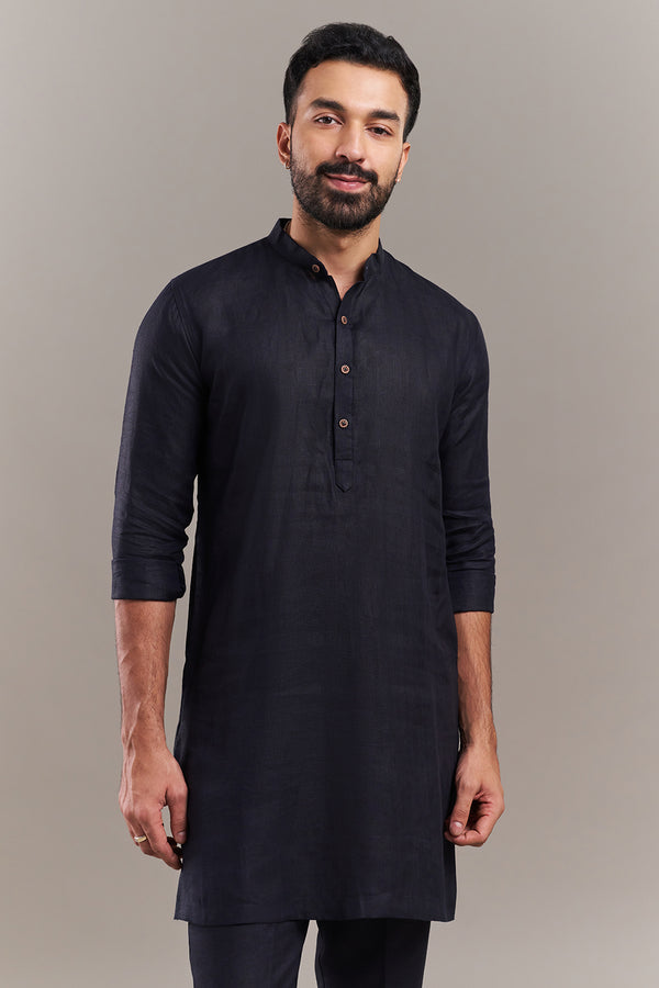 Navy Blue Cotton Jute Bird Accent Men's Kurta with Jacket