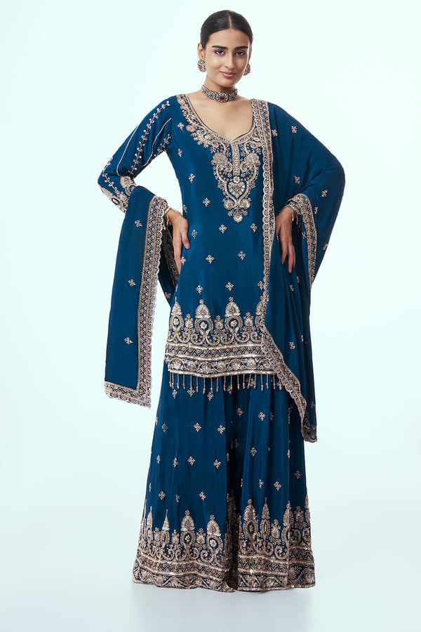 Navy Blue Crepe Silk Sharara Suit with Zari Work