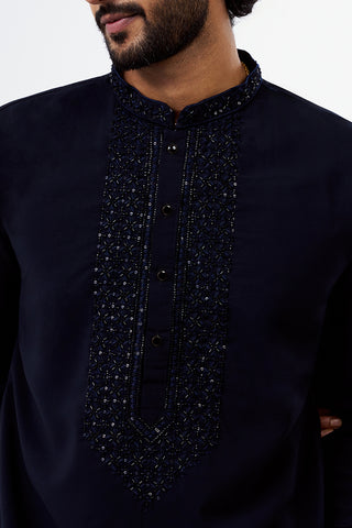 Navy Blue Polyester Cotton Men's Kurta Set