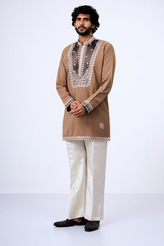 Nude Brown Polyester Cotton Contrast Yoke Embellished Kurta Set