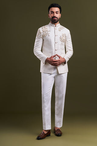 Off-White Art Silk Embellished Jodhpuri Set