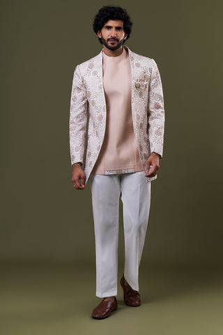 Off White Net Floral Cut Dana Embellished Jacket Set