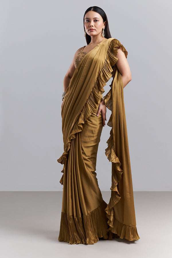 Olive Gold Ruffle Border Saree