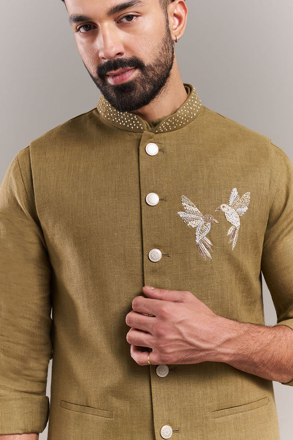 Olive Green Cotton Jute Bird Motif Kurta with Jacket