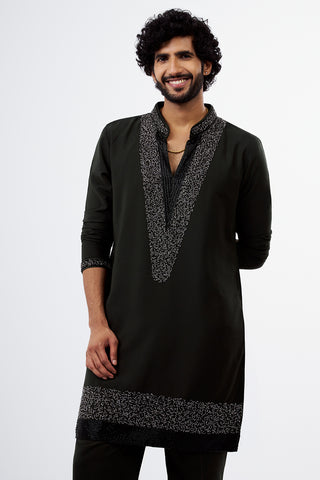 Olive Green Sequins & Cut Dana Polyester Cotton Men's Kurta Set