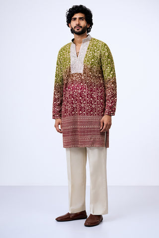 Ombre Green Georgette Floral Zari Embellished Kurta Set