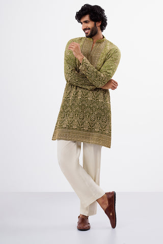 Ombré Green Zari Detailed Georgette Men's Kurta Set