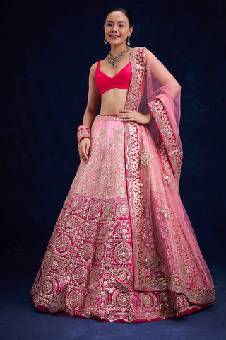 Ombré Pink Raw Silk Bridal Lehenga with Zari and Gota Work