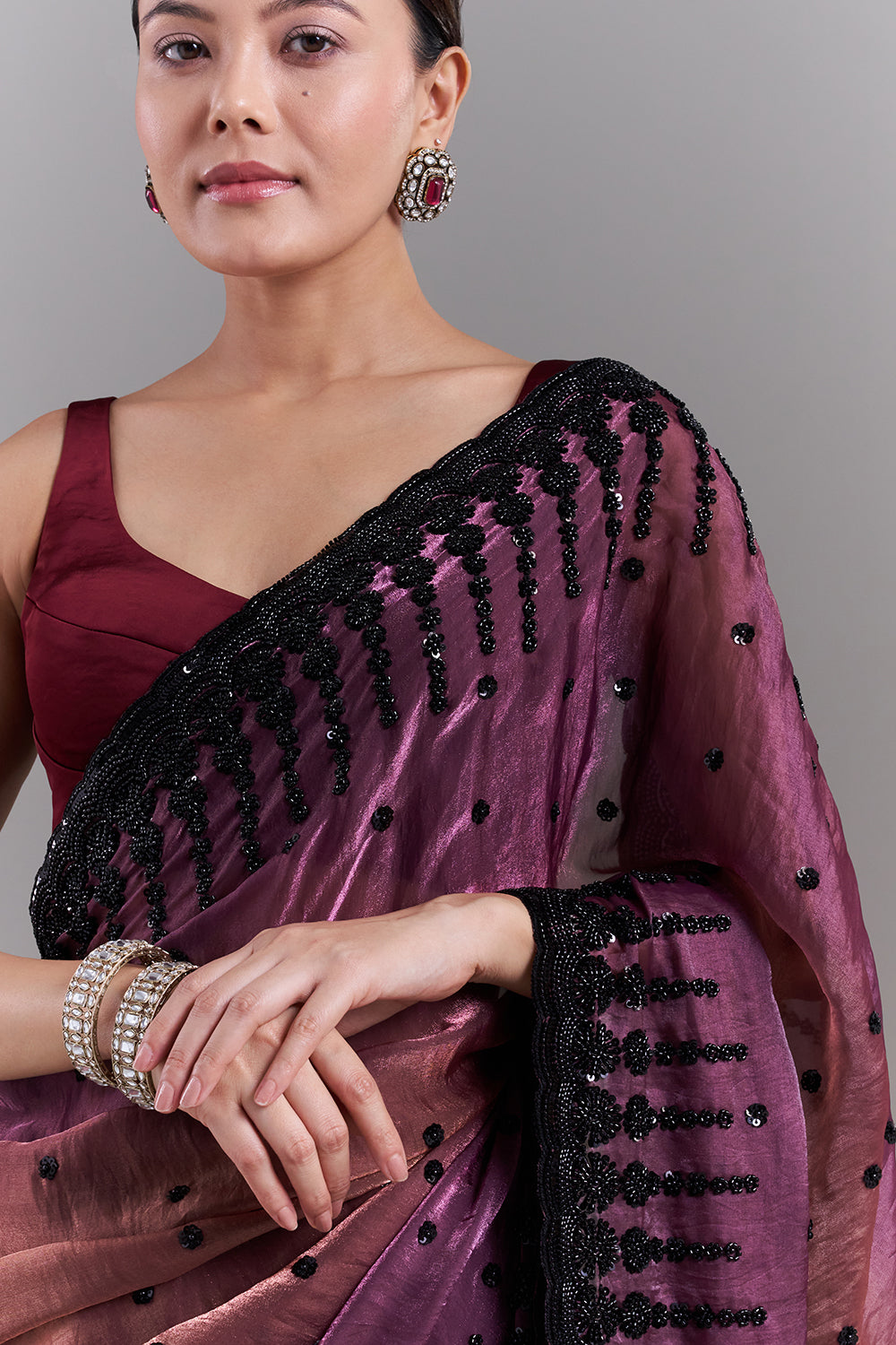 Ombré Purple and Copper Shimmer Satin Organza Embellished Saree