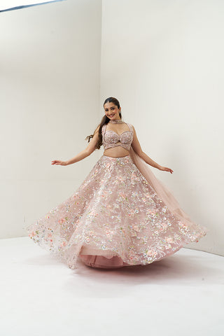 Onion Pink Embellished Net Festive Lehenga Set
