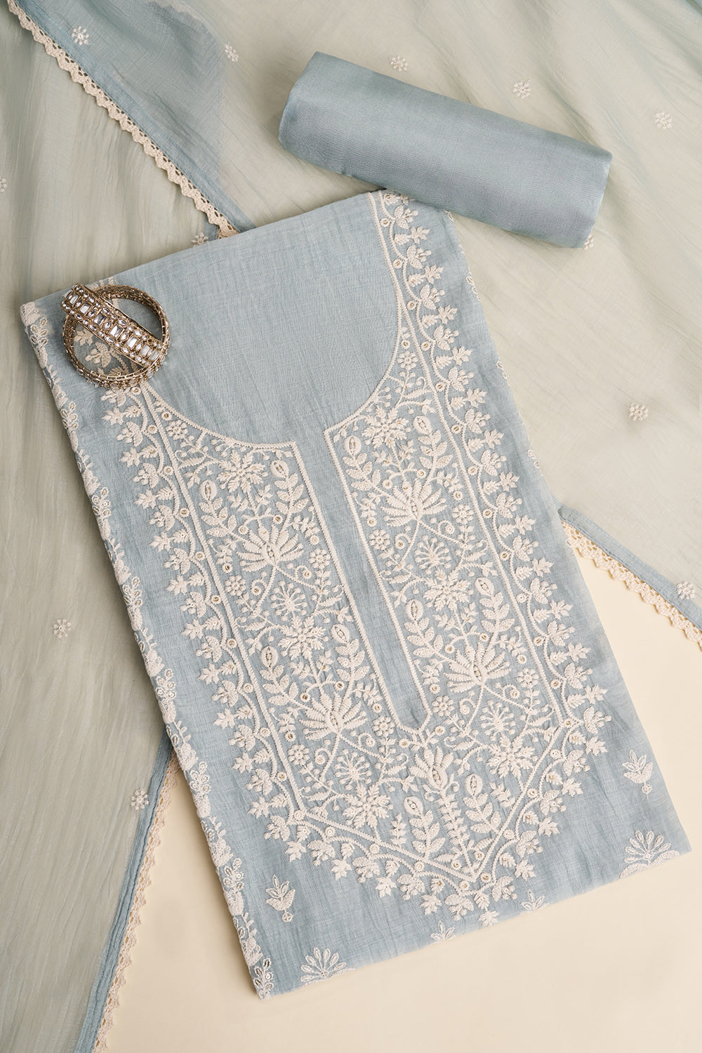 Powder Blue Resham Embroidered Unstitched Suit Set