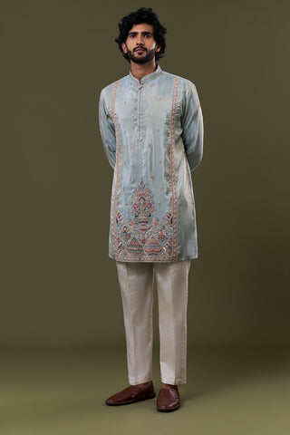 Pastel Blue Shimmer Georgette Heritage Vase Embellished Kurta Set