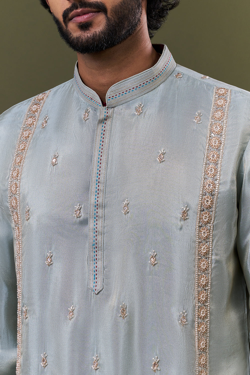 Pastel Blue Shimmer Georgette Heritage Vase Embellished Kurta Set