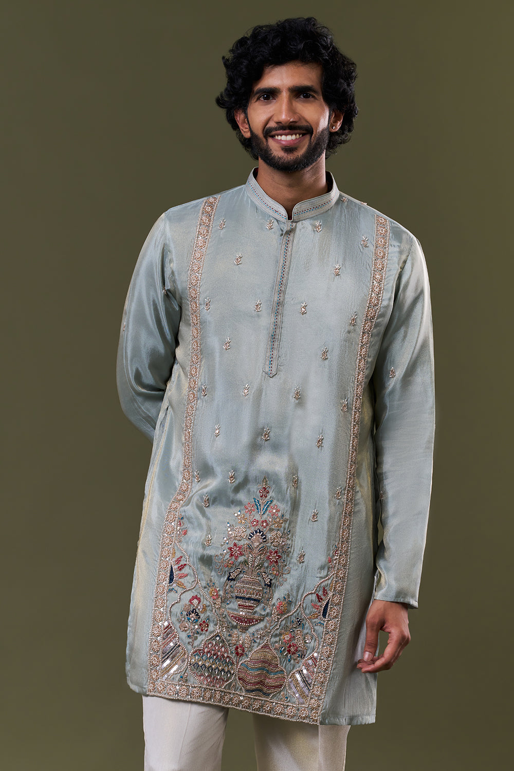 Pastel Blue Shimmer Georgette Heritage Vase Embellished Kurta Set