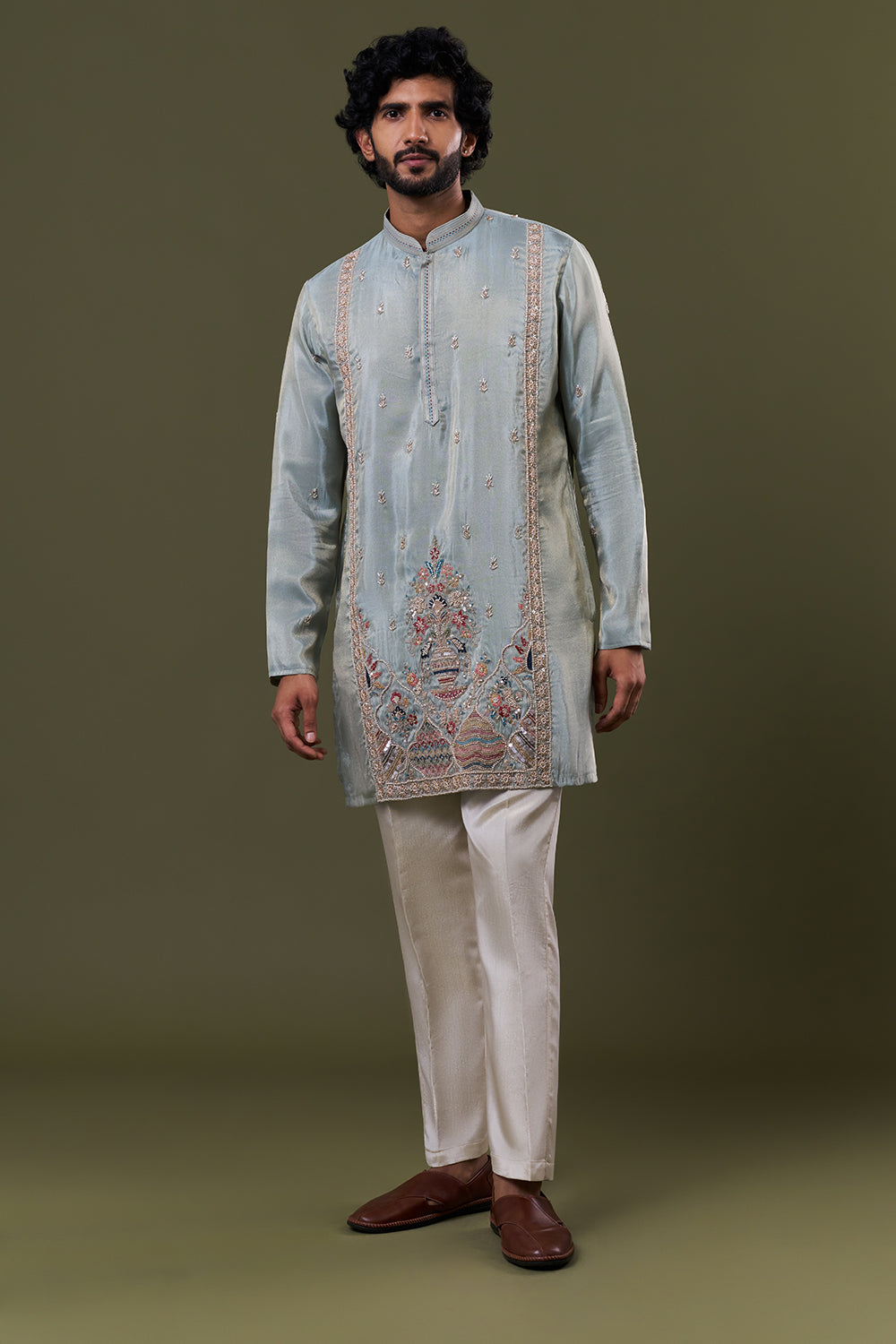 Pastel Blue Shimmer Georgette Heritage Vase Embellished Kurta Set