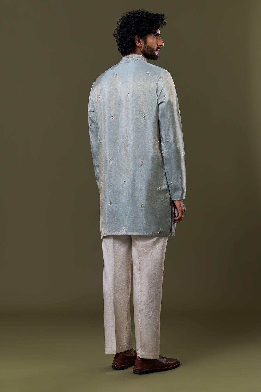 Pastel Blue Shimmer Georgette Heritage Vase Embellished Kurta Set