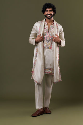 Pastel Blue Tissue Silk Mirror Embellished Kurta Set with Stole