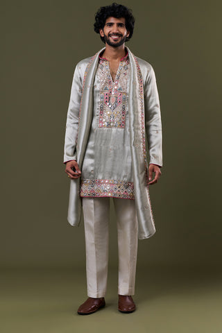 Pastel Blue Tissue Silk Mirror Geometric Embellished Kurta Set with Stole