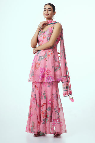 Pink Chiffon Indo Western with Mirror Work