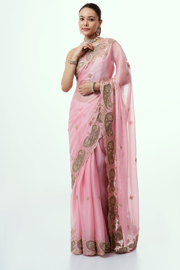 Pink Shimmer Organza Saree with Thread Work