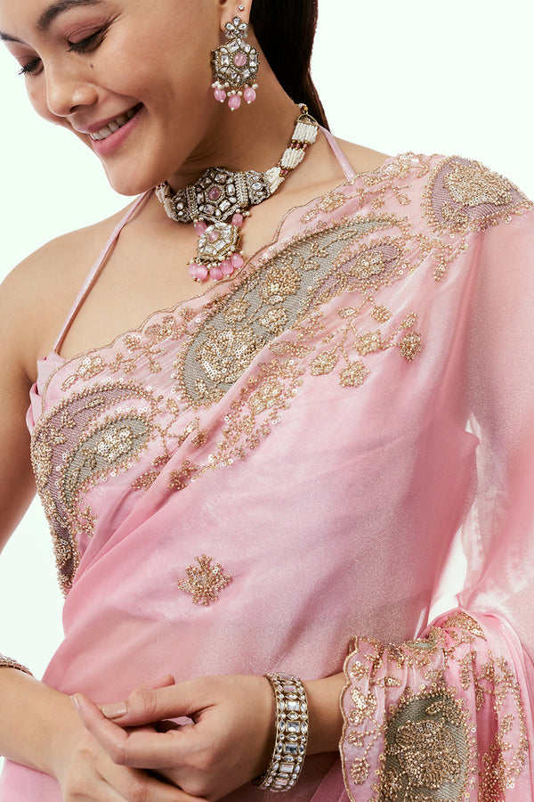 Pink Shimmer Organza Saree with Thread Work