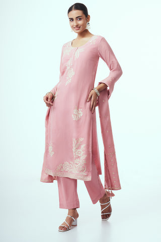 Pink Tissue Kurta Set with Applique Work