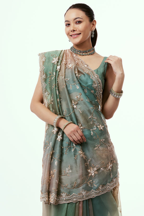 Pista Green Shimmer Zari Tissue Saree with Beadwork
