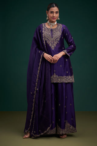 Purple Dupion Pure Silk Anarkali Suit with Zardozi Indian Motifs