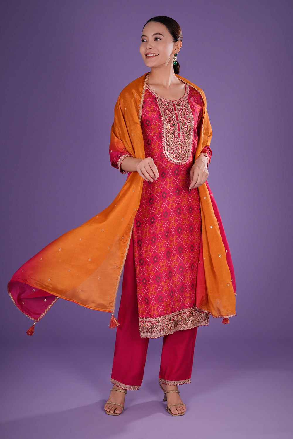 Rani Pink Patola Silk Kurta Set with Patola-Inspired Weaving