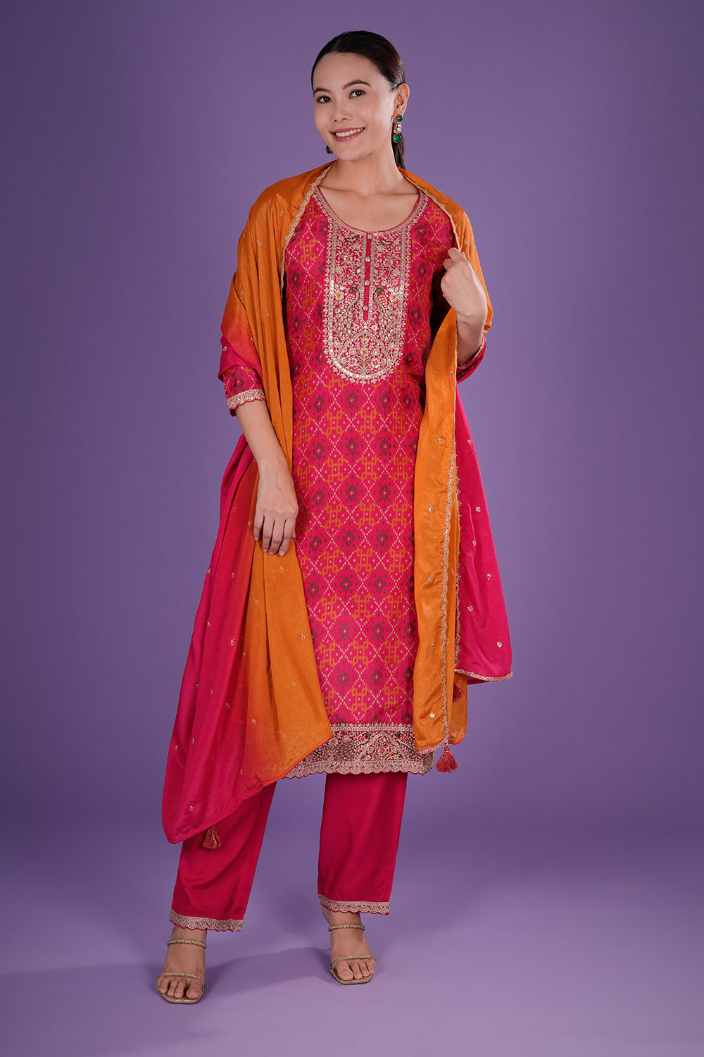Rani Pink Patola Silk Kurta Set with Patola-Inspired Weaving