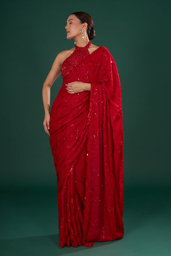 Red Crush Jimmy Choo Saree with Sequin Hand Embroidery